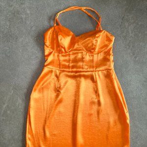 Silky orange mini dress with corset detailing - small